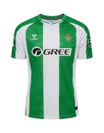 Front view of Isco Real Betis 2025/26 Home Jersey by Hummel featuring green and white stripes with club crest and sponsor logo.
