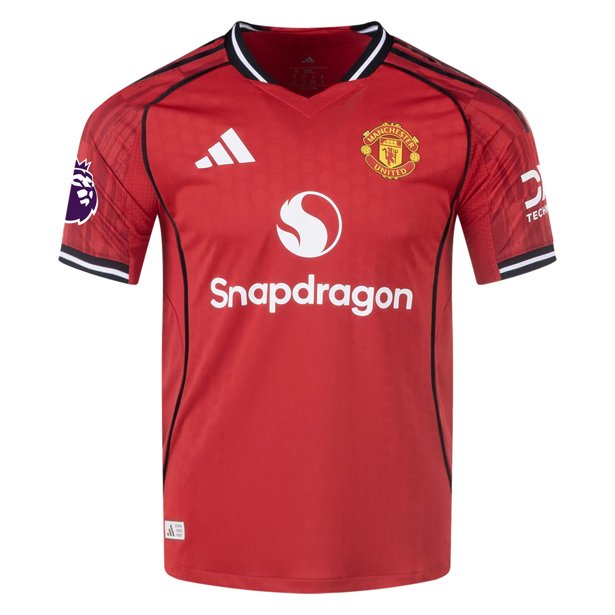 martinezutdhomeauth1 Lisandro Martínez Manchester United 2025/26 Adidas Home Jersey front view, red shirt with club crest and sponsor logo.