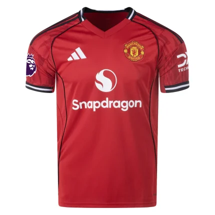 Joshua Zirkzee Manchester United 2025/26 Adidas Home Jersey front view, red shirt with club crest and sponsor logo.