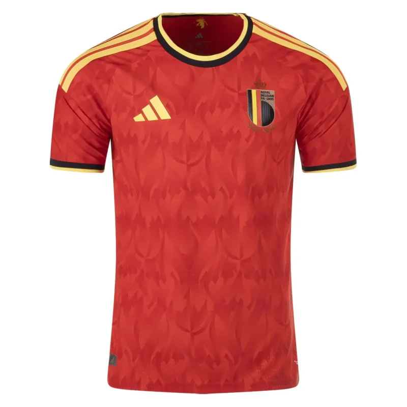 Belgium 2026/27 Authentic Home red soccer jersey with gold stripes and team crest.