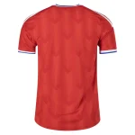 Red soccer jersey with white stripes and blue trim.