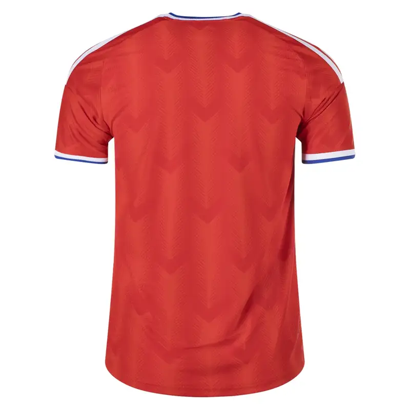 Red soccer jersey with white stripes and blue trim.