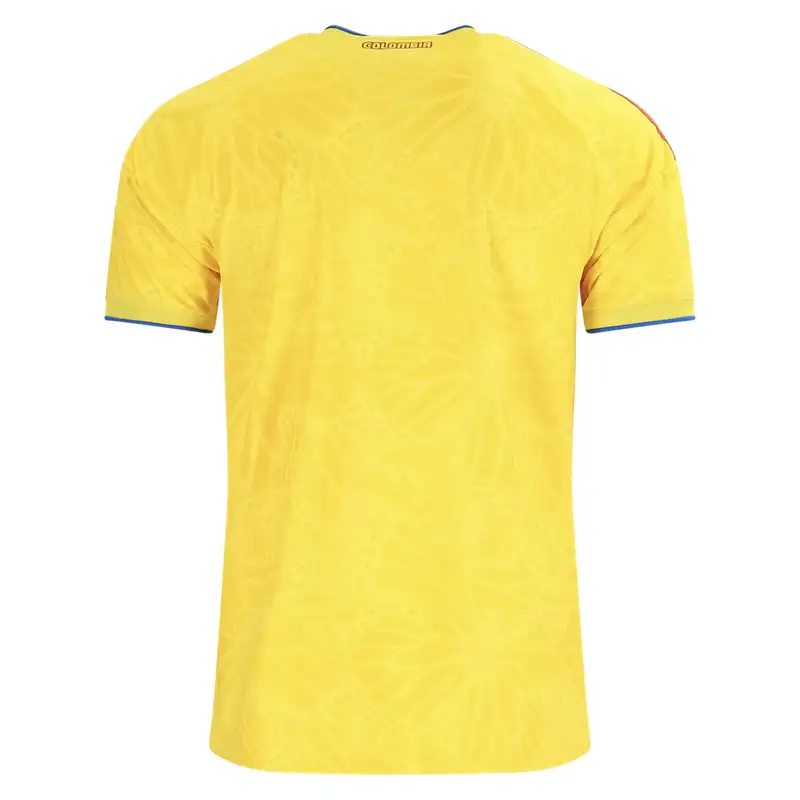 Back of yellow Colombia soccer jersey with blue trim.