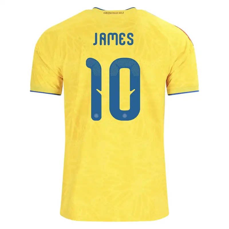 Yellow soccer jersey with JAMES and number 10.