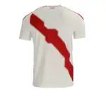 Back of white Peru soccer jersey with red stripe.