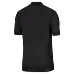 Back view of black polo shirt with vertical stripes.