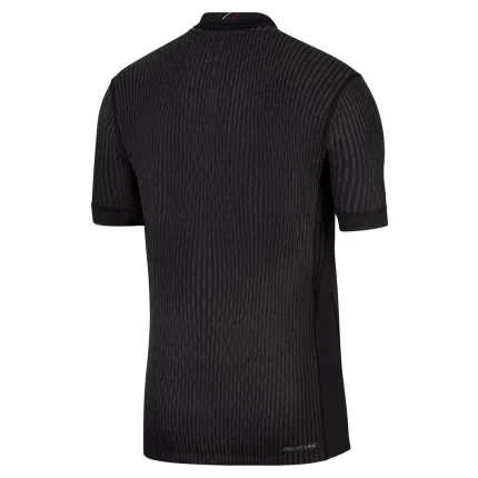 Back view of black polo shirt with vertical stripes.