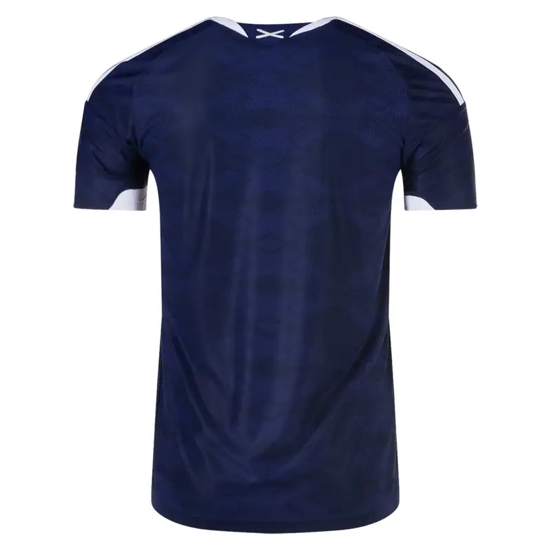 Back view of a navy blue soccer jersey with white accents.