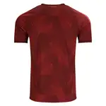 Back view of a burgundy t-shirt with geometric triangle pattern.