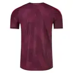 Back view of a burgundy t-shirt with geometric pattern.
