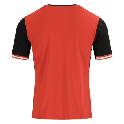 Red and black short-sleeve shirt, back view.
