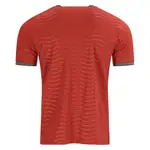 Back of a red t-shirt with wavy lines.