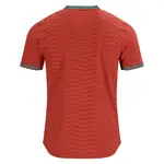 Back view of a red soccer jersey with teal trim.