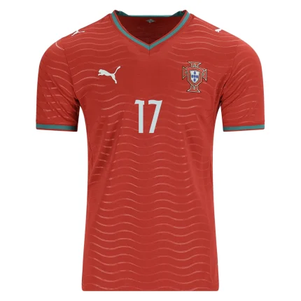 Red soccer jersey with the number 17, Puma logo, and Portugal crest.