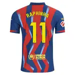 Raphinha 11 soccer jersey with UNHCR logo.