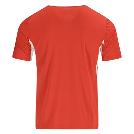 Back view of a red and white athletic t-shirt.