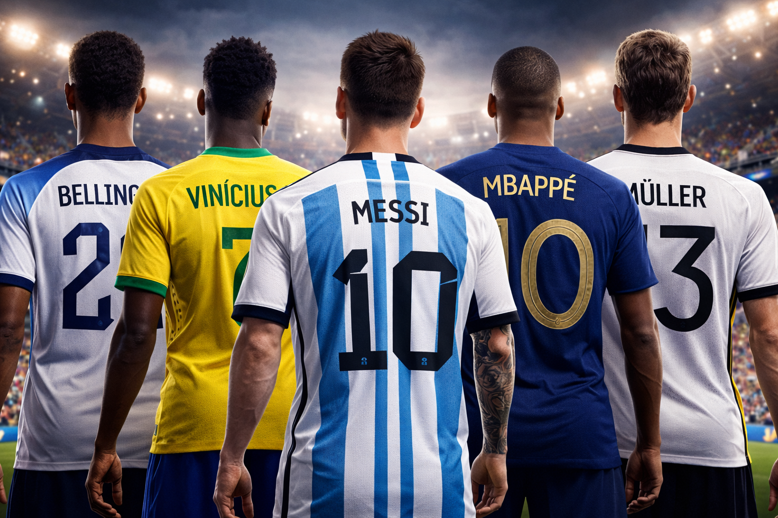 Soccer players from England, Brazil, Argentina, France, and Germany.