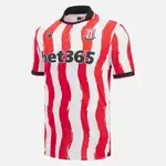 Stoke City football jersey with red and white stripes and bet365 logo.