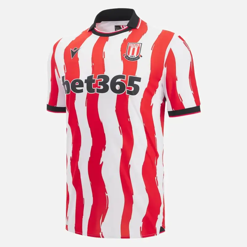 Stoke City football jersey with red and white stripes and bet365 logo.