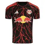 New York Red Bulls black and red jersey.