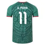 Back of a green Mexico soccer jersey with G. Mora and the number 11.