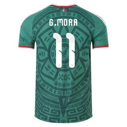 Back of a green Mexico soccer jersey with G. Mora and the number 11.