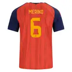 Spain soccer jersey, back view, with MERINO and number 6.