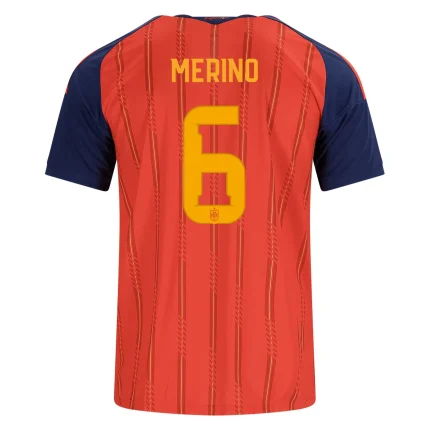 Spain soccer jersey, back view, with MERINO and number 6.