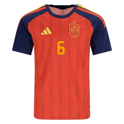 Spain soccer jersey with Adidas logo, team crest, and number 6.