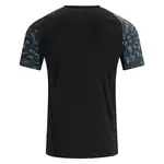 Black t-shirt with patterned sleeves.