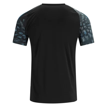 Black t-shirt with patterned sleeves.