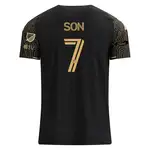 Back of a black soccer jersey with SON and the number 7.