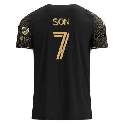 Back of a black soccer jersey with SON and the number 7.